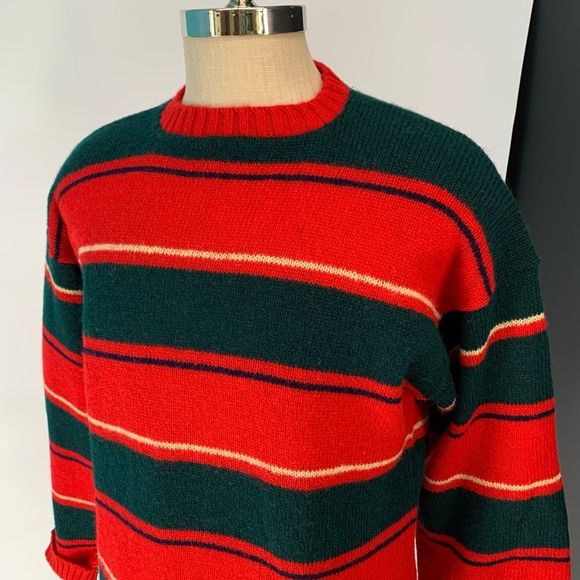 Vintage The MOORS 100% wool sweater red green striped sz L mens made in USA - Picture 2 of 6